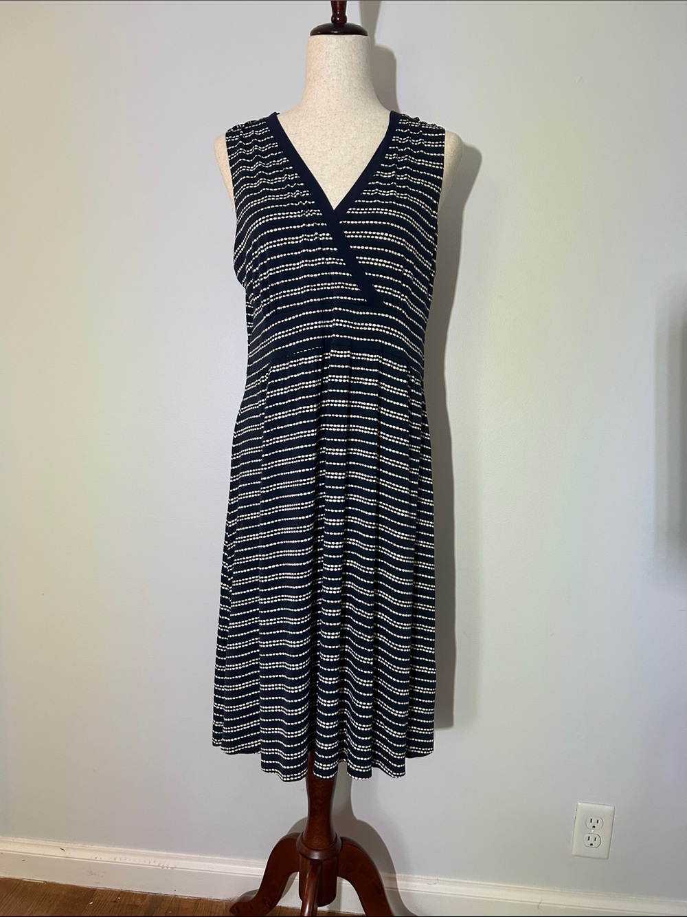 L.L. Bean Navy and White Striped V-Neck Midi Dress